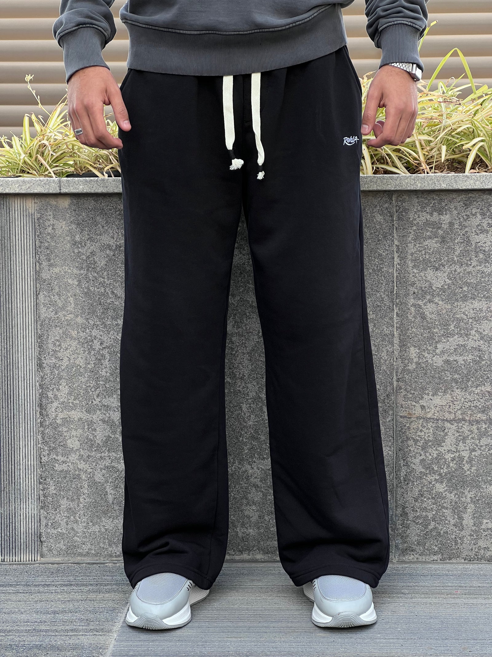 Black Melton Wide-Leg Pants