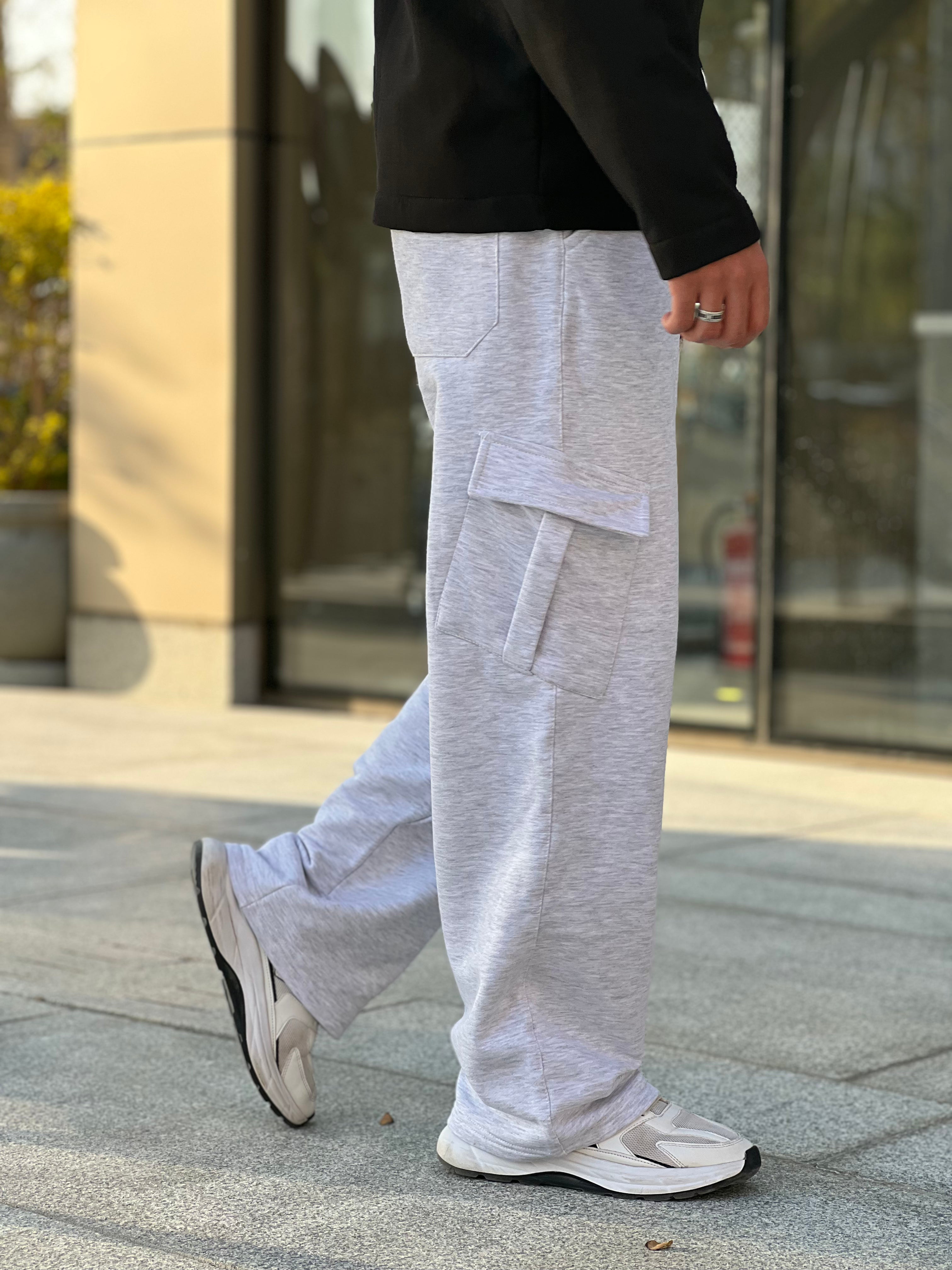 Grey Melton Wide-Leg Pants (With Pockets)