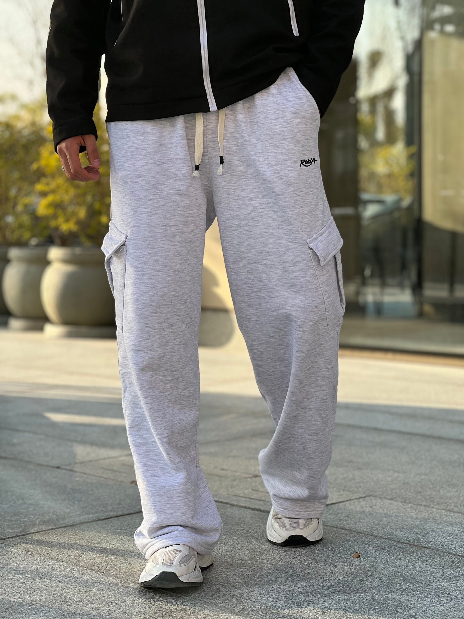 Grey Melton Wide-Leg Pants (With Pockets)